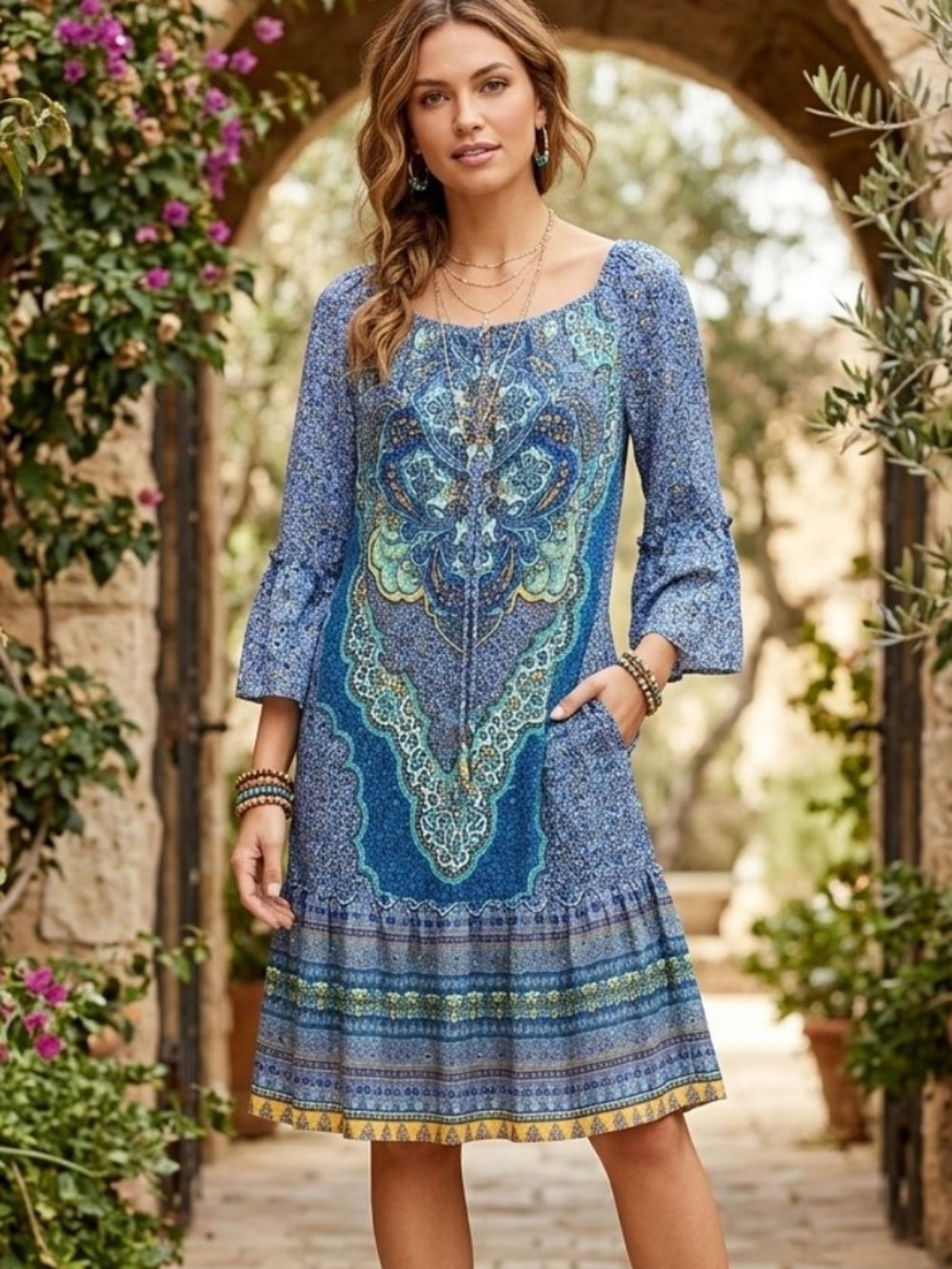 Sandra Darren Sheer Floral Bohemian Mandala Dress Bell Sleeve Off Shoulder L/XL